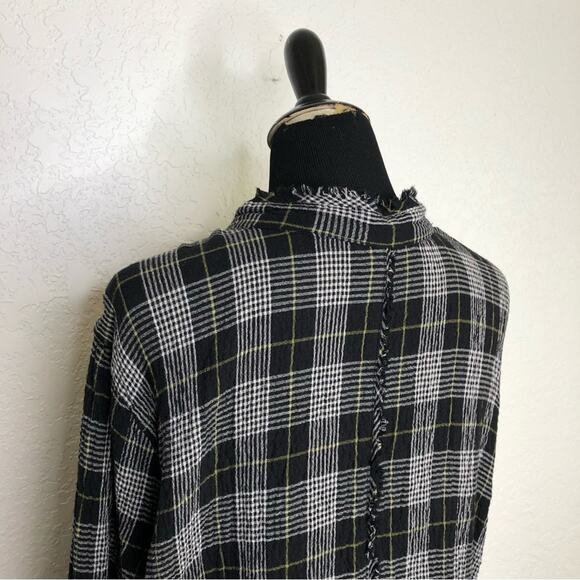 Habitat black white plaid gauze cotton raw hem button tunic top size Large - Picture 12 of 16